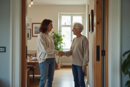 Jeune femme accueillant une invitée à la porte