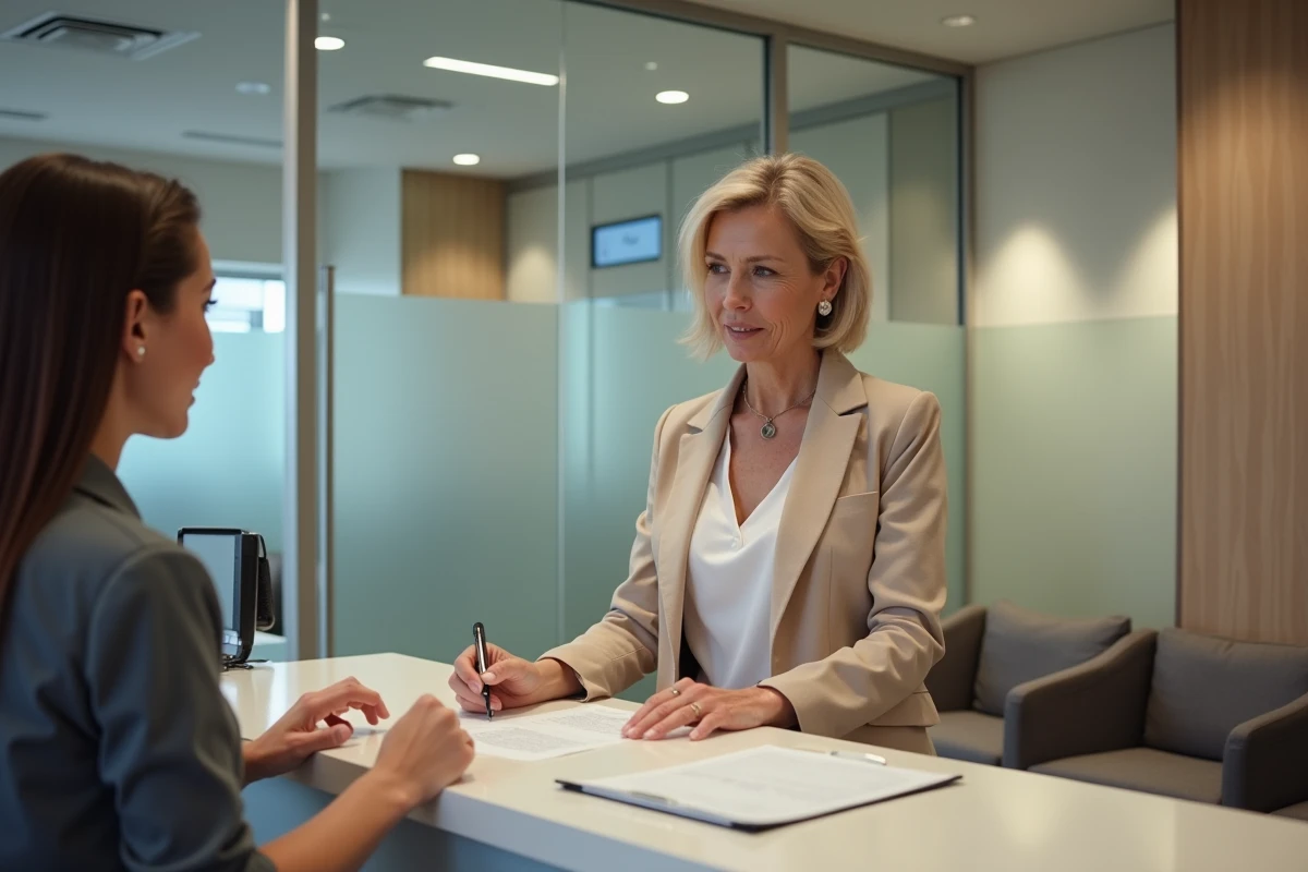 Une femme demande des informations à l'accueil d'un office notarial pour prendre rendez-vous