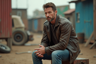 Acteur en costume de film sur un plateau de cascade