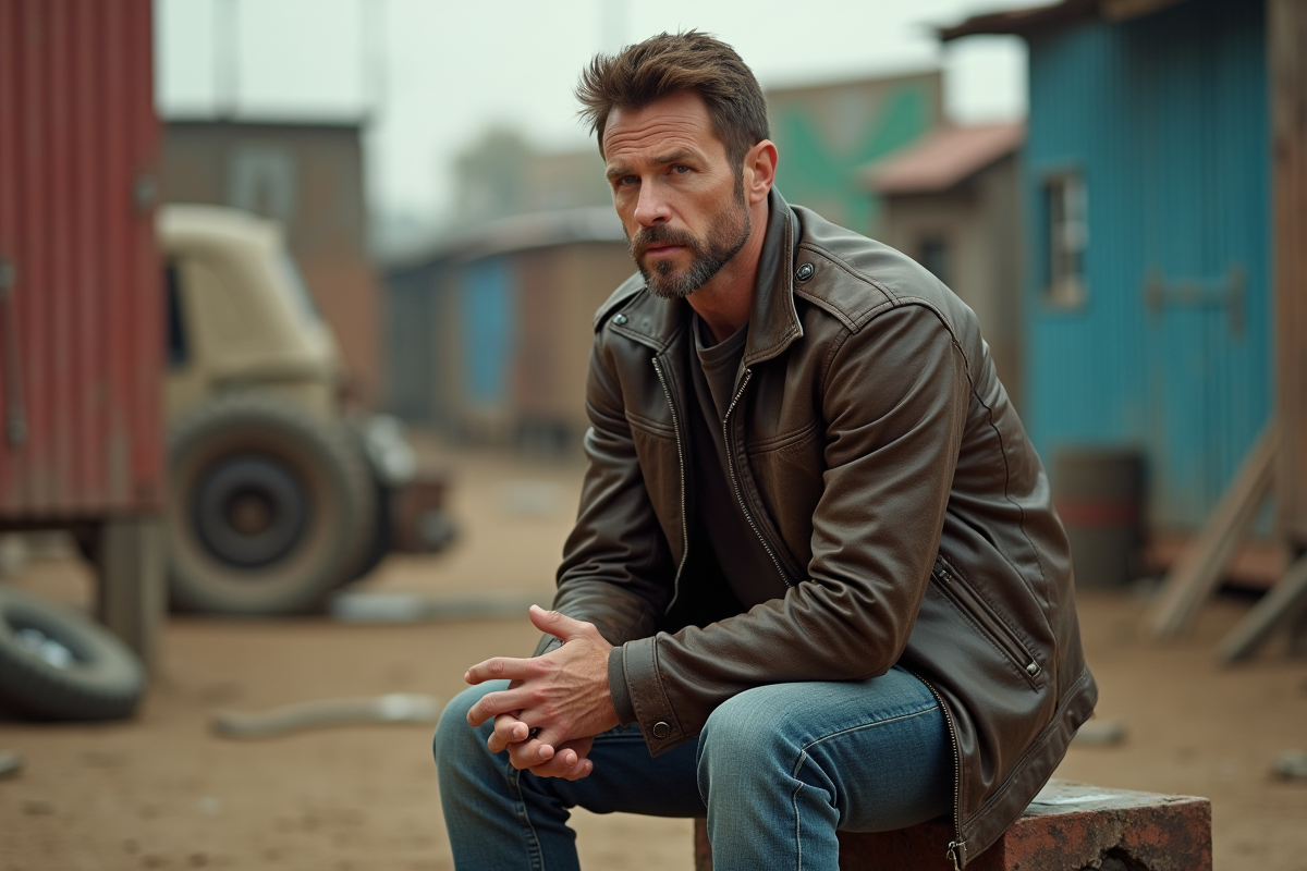 Acteur en costume de film sur un plateau de cascade