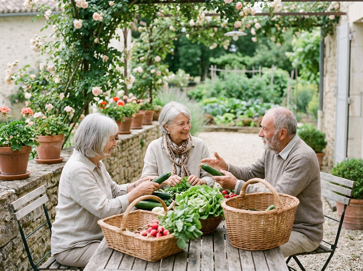 Groupe de résidents âgés d'un EHPAD triant des légumes récoltés du potager collectif autour d'une table en bois sous une pergola