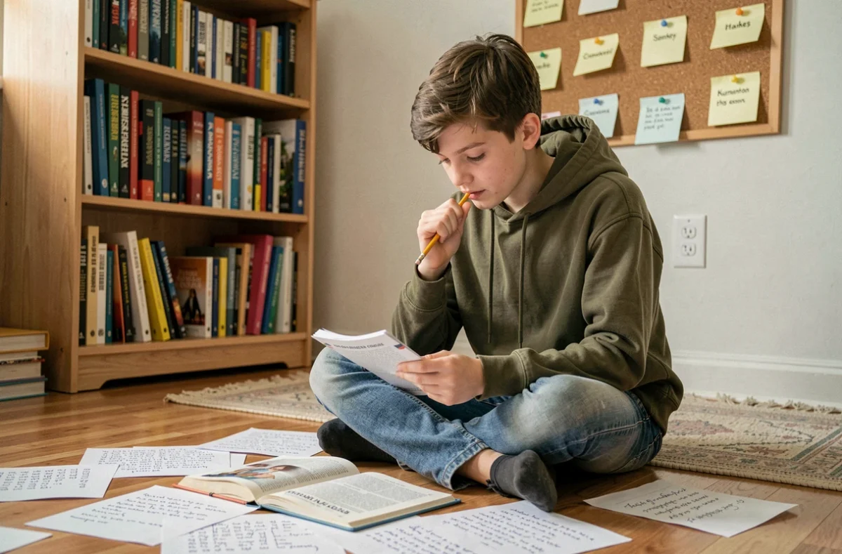 Adolescent relisant ses brouillons de poésie avec des rimes en oi dans sa chambre