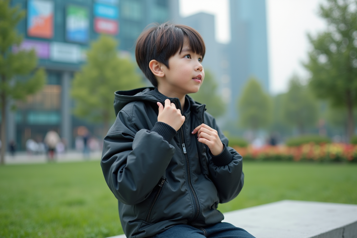 Adolescent avec veste solaire dans un parc urbain