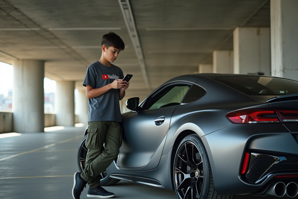 Adolescent passionné de voitures regardant GMK sur son smartphone appuyé contre une voiture de sport dans un parking urbain
