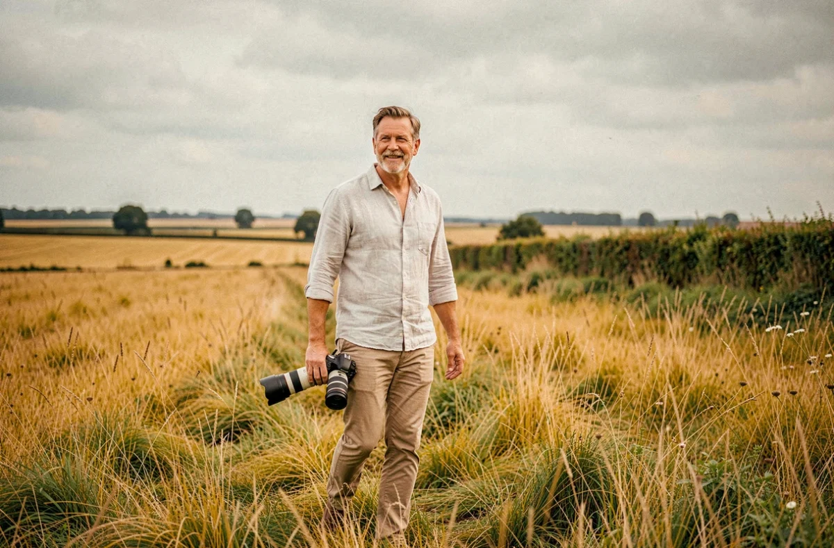 Photographe Alain Kohl marchant dans les champs normands typiques du bocage de la Manche