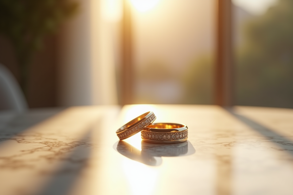 Alliances de mariage sur une table en marbre en lumière douce