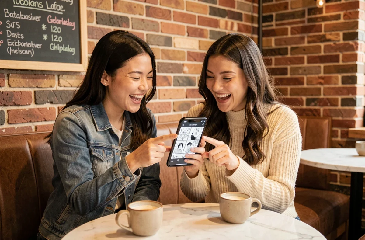 Deux amies partageant un écran de smartphone dans un café pour lire des scans manga ensemble, image pour article sur le suivi de séries yaoi en ligne