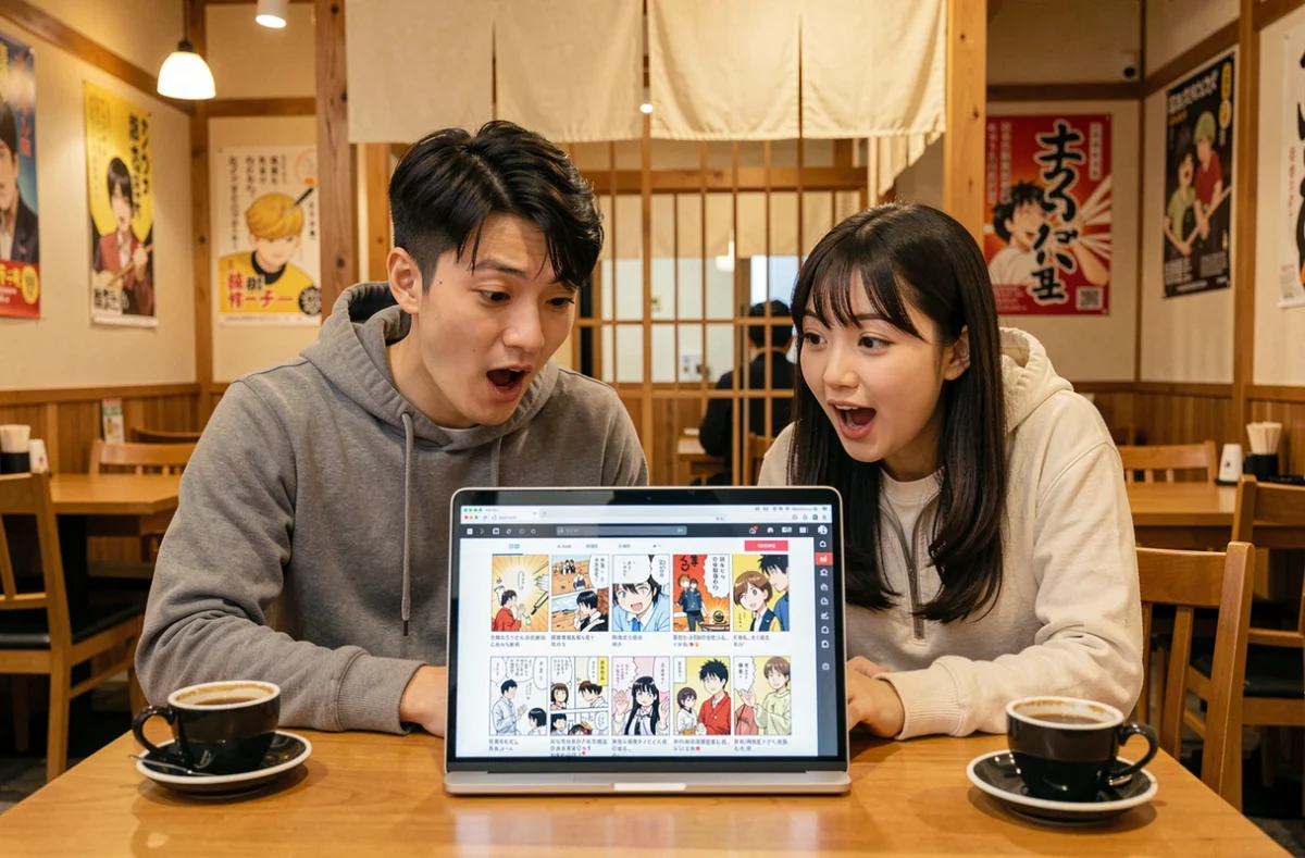 Deux amis partageant un ordinateur portable dans un café japonais pour lire des scans de manga en ligne, illustrant le suivi communautaire de séries comme One Piece, Kingdom et Jujutsu Kaisen sur lel scan
