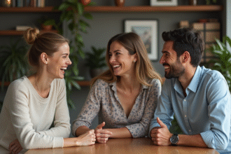 Trois amis souriants autour d'une table dans un intérieur chaleureux