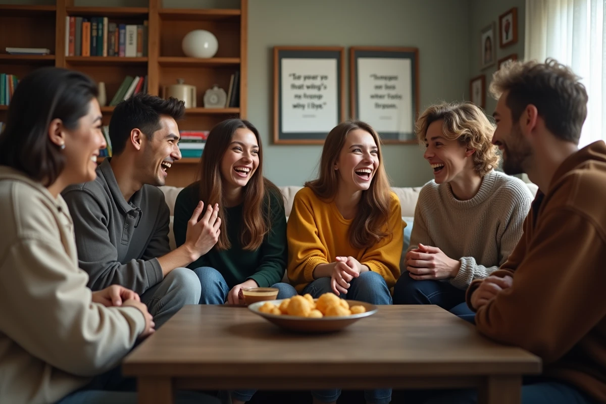 Groupe d'amis qui rient autour d'une table dans un salon chaleureux