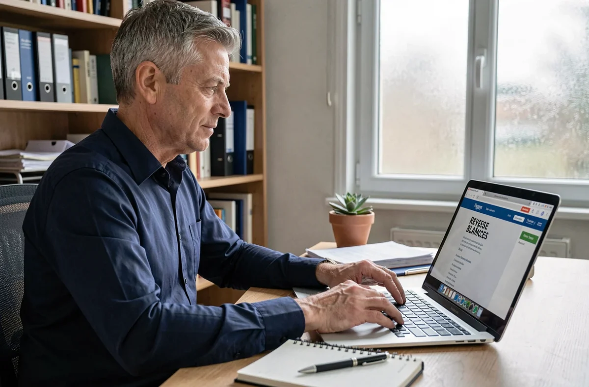 Homme utilisant un annuaire inversé en ligne sur ordinateur portable pour identifier un numéro suspect