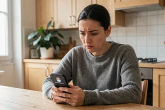 Femme inquiète regardant un appel masqué sur son smartphone dans une cuisine moderne
