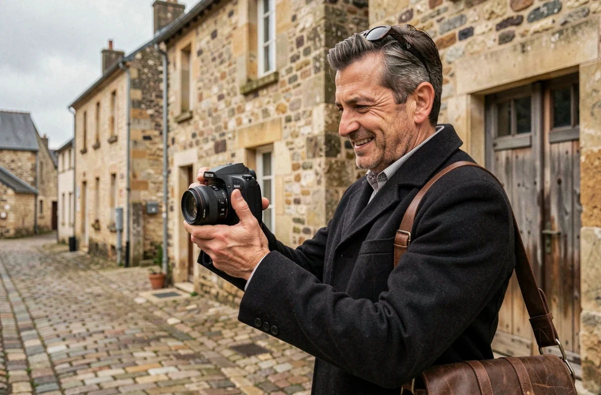 Photographe Arnaud Chapelle consultant ses photos dans un village normand de la Manche