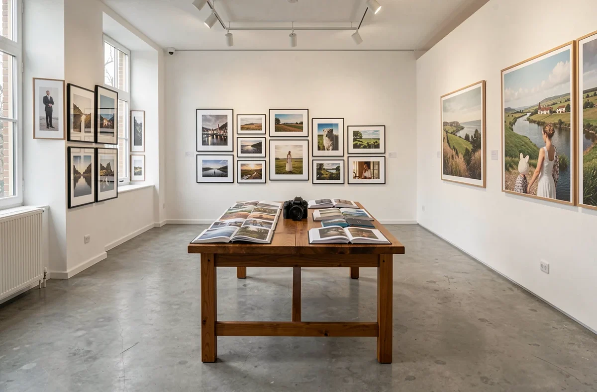 Intérieur du studio Art'Images avec des tirages photographiques encadrés et des portfolios ouverts