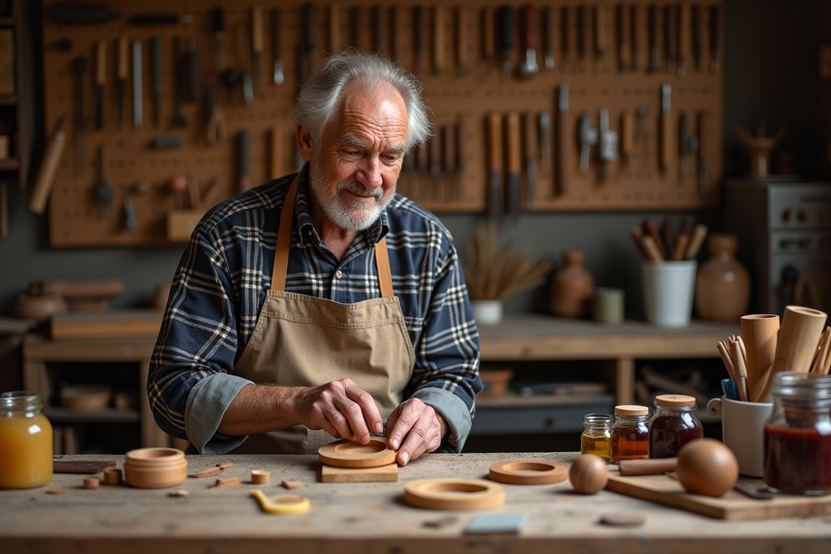 Artisan âgé ponçant un bracelet en bois dans son atelier