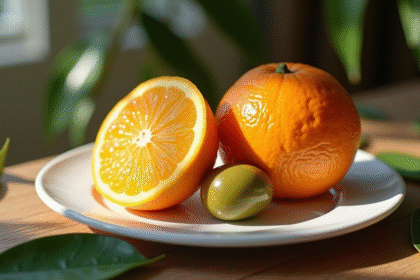 Agrumes frais sur une assiette en céramique blanche