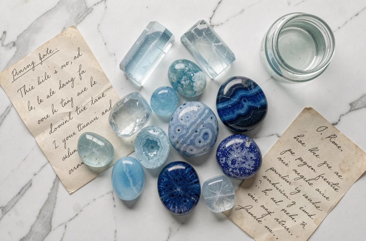 Assortiment de pierres bleues de lithothérapie en flatlay sur marbre blanc avec notes manuscrites et aquamarine, agate bleue et sodalite