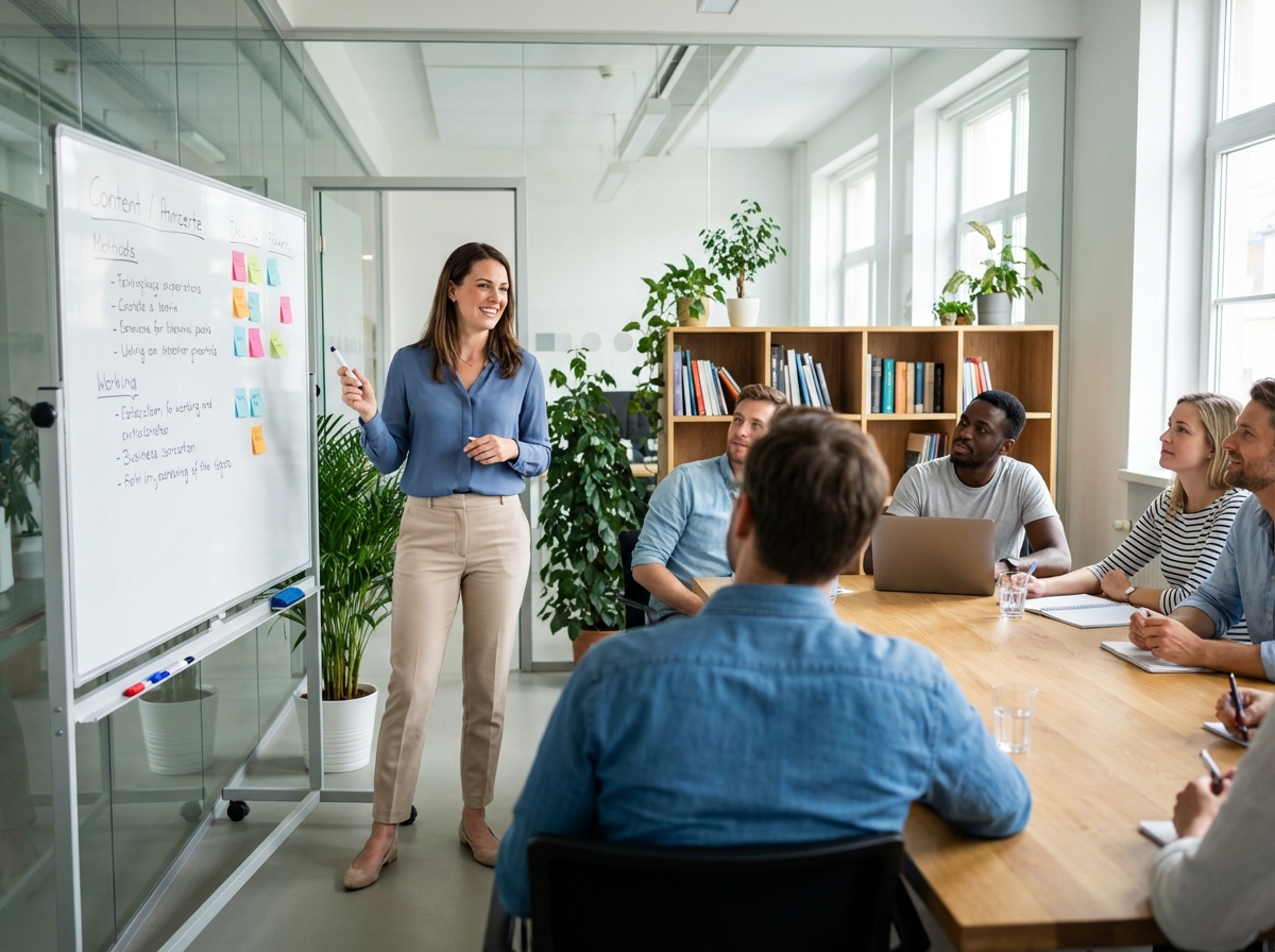 Femme souriante animant un atelier créatif en réunion