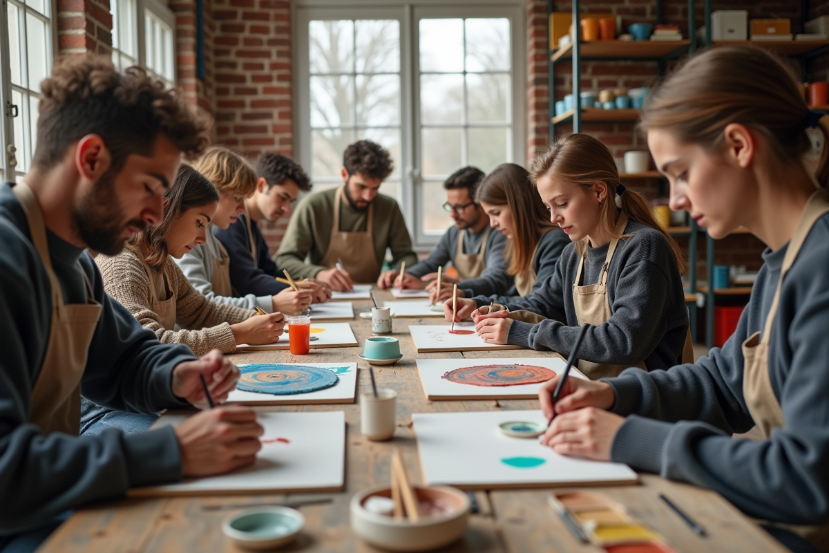 Groupe d adultes et adolescents peignant de la poterie dans un atelier parisien