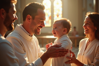 Bébé baptisé dans une église ensoleillée avec prêtre et famille
