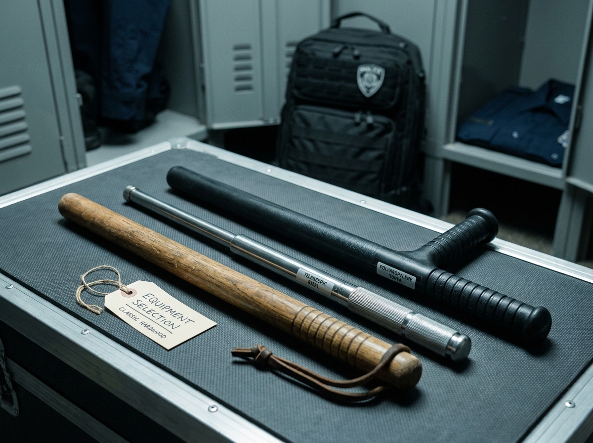 Bâton droit, bâton télescopique et tonfa alignés sur une table d'équipement de sécurité