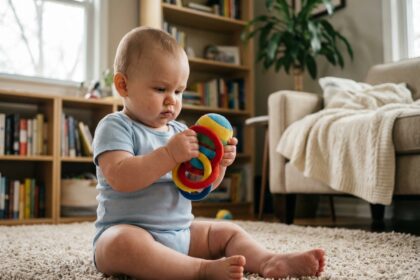 Bebe garçon en body bleu clair jouant avec un hochet