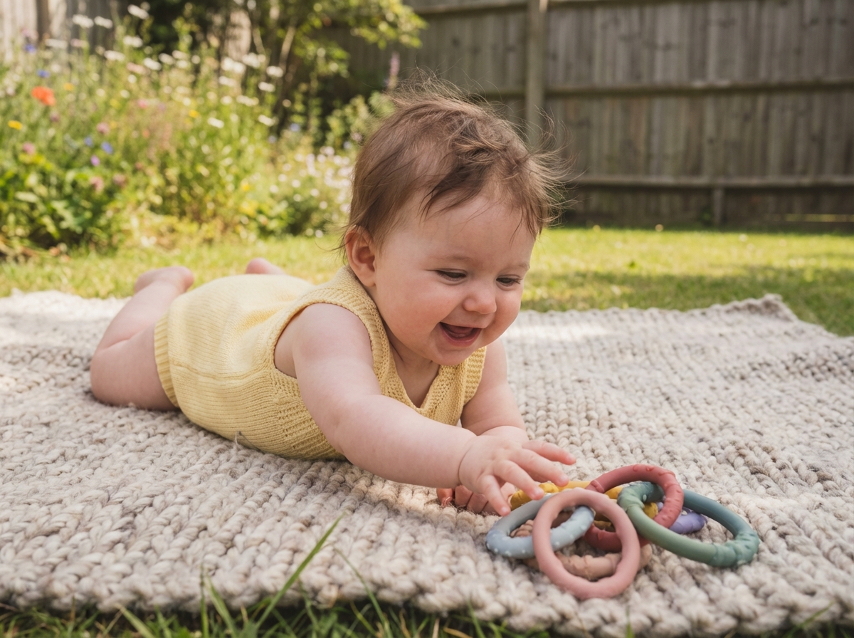 Bebe fille souriante jouant avec des anneaux en silicone