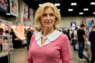 Cosplayeuse incarnant Biscuit Krueger de Hunter x Hunter dans une convention manga, robe rose et cheveux blonds bouclés