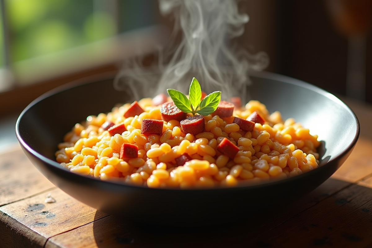 Bol de risotto au chorizo vapeur sur table en bois