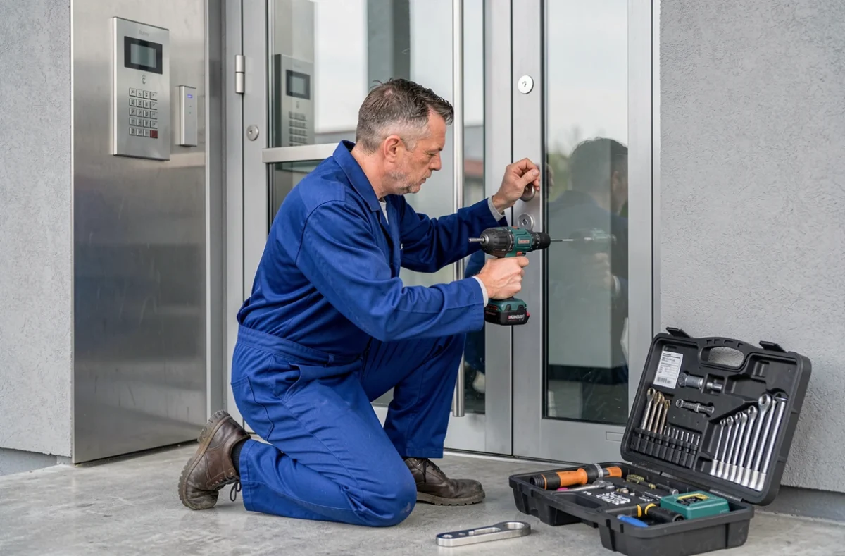 Technicien de Bourgin Serrurerie Dépannage remplaçant une serrure à l'entrée d'un immeuble moderne à Rennes