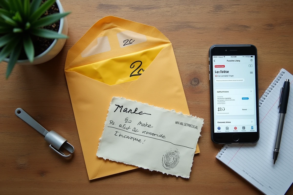Vue de dessus d'un bureau avec enveloppe recommandée 2C, avis de passage et smartphone affichant un suivi incomplet