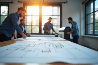 Espace de travail moderne avec ingénieurs et plans architecturaux