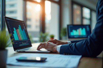 Espace de travail moderne avec lumière naturelle et professionnel utilisant un ordinateur