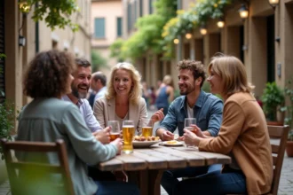 Groupe d'adultes souriants autour d'une table en café en plein air