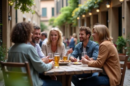 Groupe d'adultes souriants autour d'une table en café en plein air