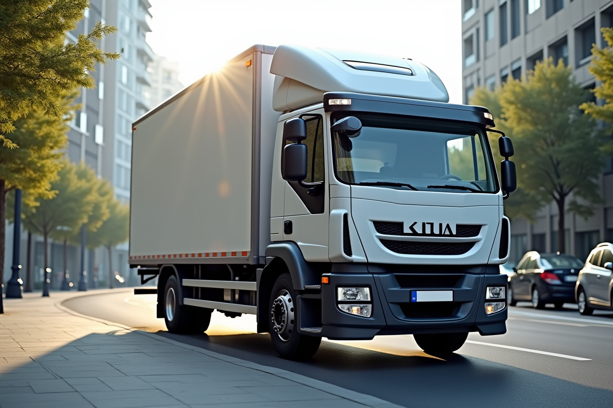 Camion de livraison urbain vu de bas avec vue large