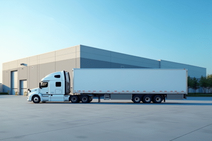 Camion de logistique devant un entrepôt moderne en journée