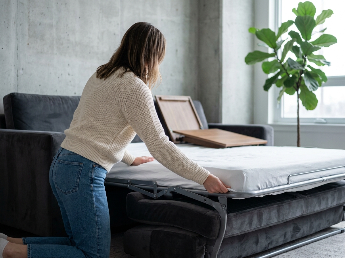 Femme préparant un canapé convertible en velours dans un salon moderne pour accueillir des invités sans matelas au sol