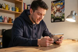 Jeune homme concentré jouant à Pokémon Noir et Blanc sur Nintendo DS pour capturer des Pokémon légendaires
