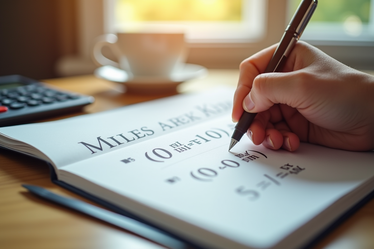 Carnet ouvert avec calculs de miles en kilomètres sur un bureau lumineux