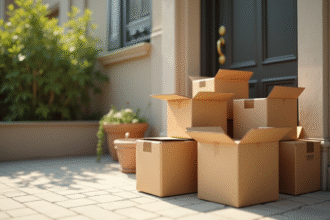 Cartons d'emballage empiles devant une porte en plein jour