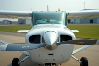 Cessna 172 Skyhawk garé sur le tarmac d'un aérodrome de campagne, vue avant trois quarts, idéal pour les pilotes débutants