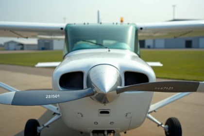 Cessna 172 Skyhawk garé sur le tarmac d'un aérodrome de campagne, vue avant trois quarts, idéal pour les pilotes débutants