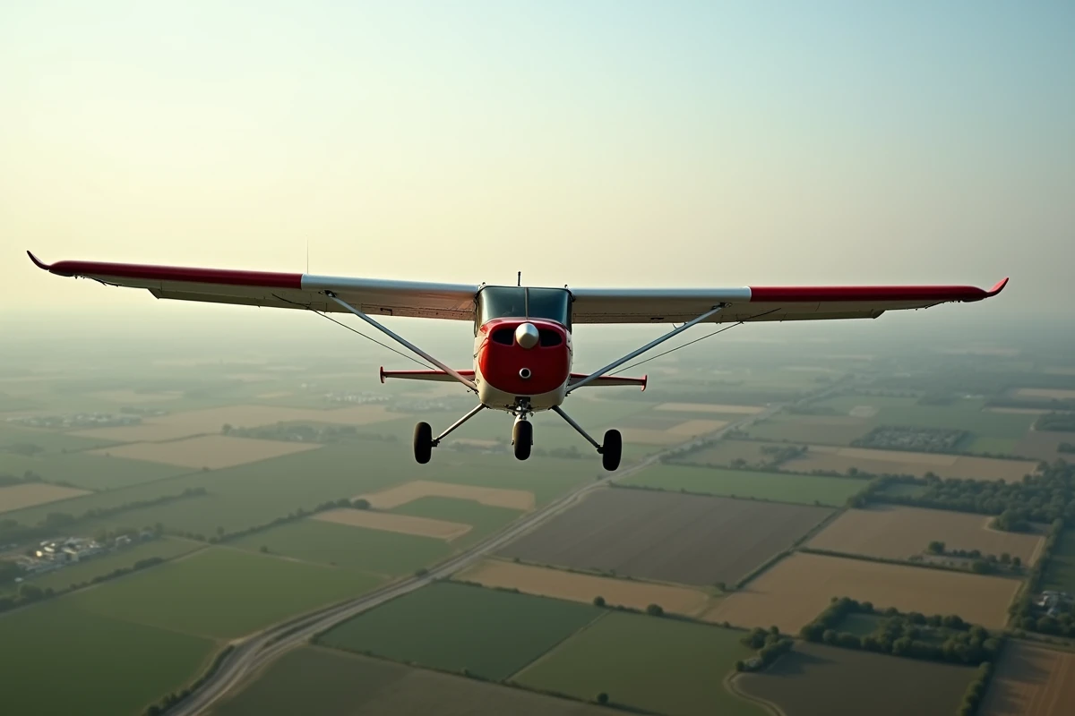 Cessna 172b en vol au-dessus de champs agricoles, vue depuis un avion suiveur montrant le dessus des ailes et le fuselage complet