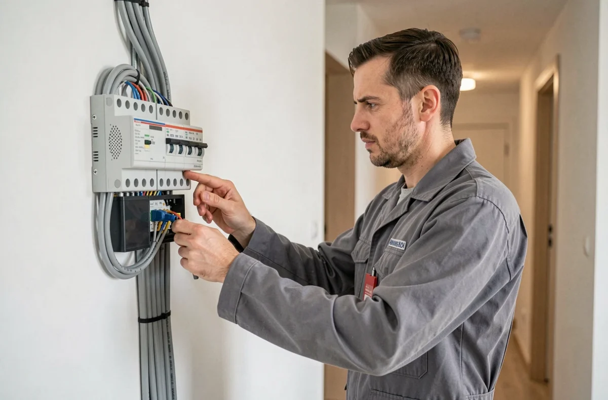 Spécialiste CGFE connectant un panneau de contrôle de chauffage électrique dans un immeuble résidentiel