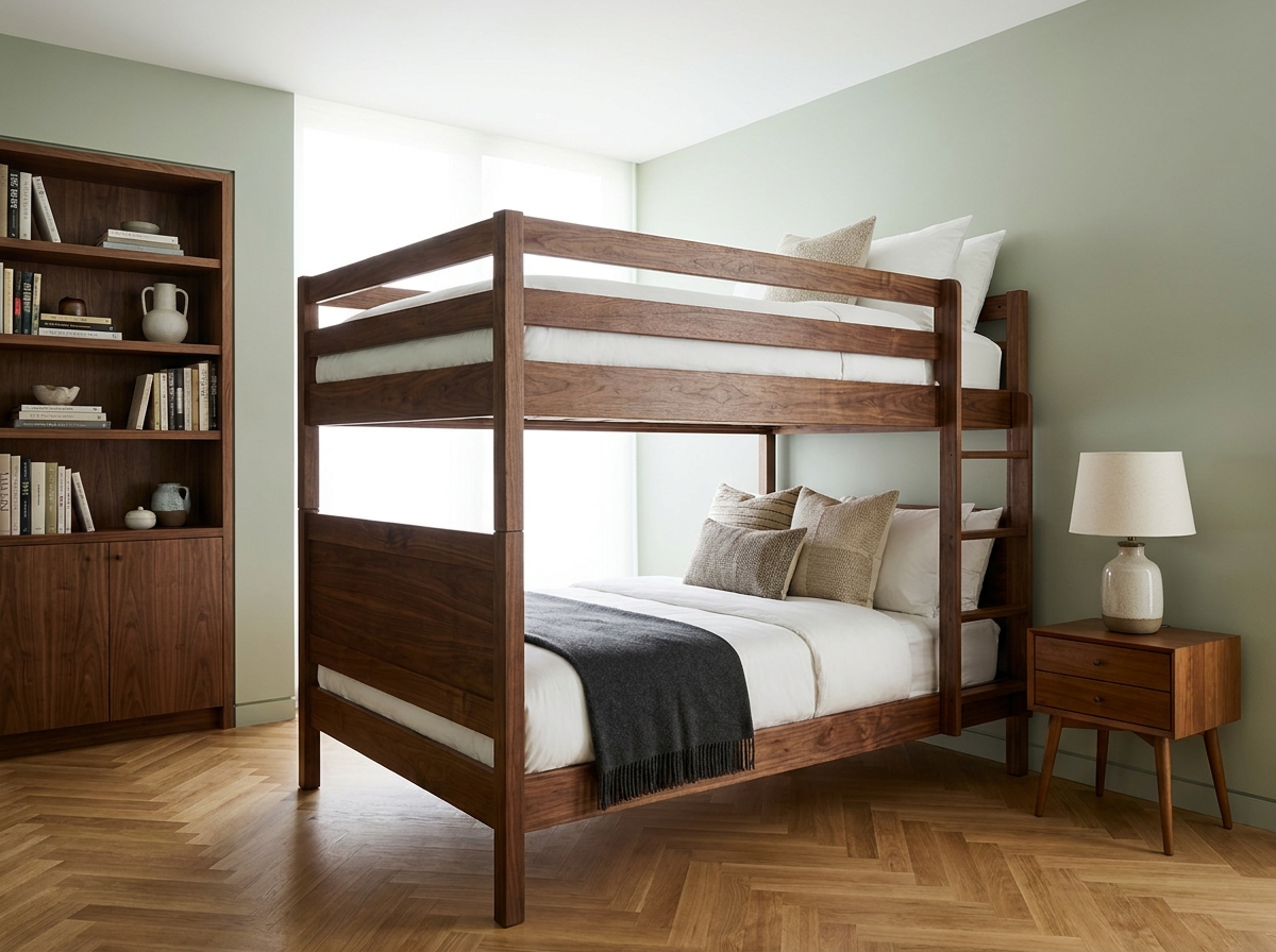 Chambre d'amis adulte élégante avec lit superposé en noyer massif et décoration intérieure soignée