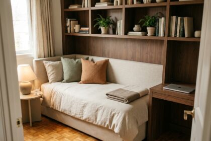 Chambre d'appoint multifonctionnelle avec daybed en lin, étagères en bois et bureau intégré pour accueillir famille et amis