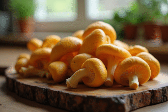 Champignons de chanterelle frais sur planche en bois rustique
