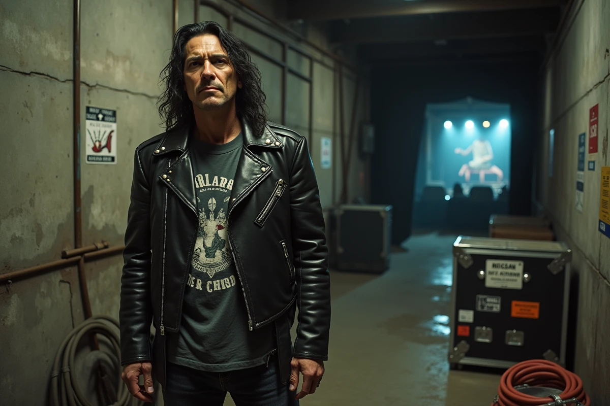 Chanteur de hard rock américain en coulisses avec veste en cuir cloutée dans les années 80