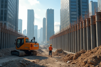 Chantier urbain moderne avec pieux en ligne et gratte-ciel en arrière-plan